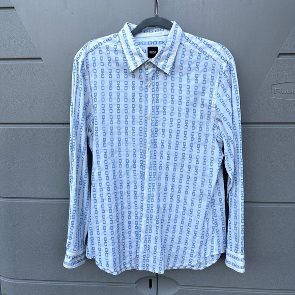 Hugo Boss Button Down Long Sleeves Shirt Chain Textured Design sz L - Picture 1 of 6